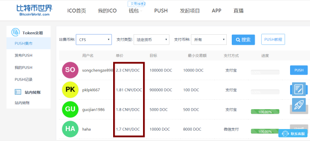 CoinFuns币趣开通比特币世界PUSH交易